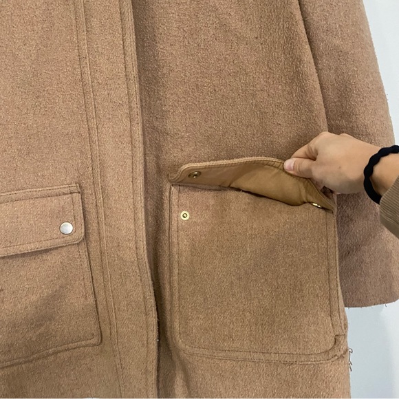 J CREW MERCANTILE Womens 8 Tan Wool Blend Fur Lined Hooded Zip Up Winter Jacket - Picture 3 of 7